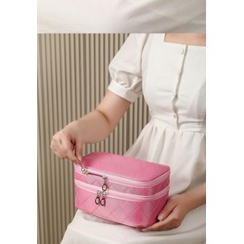 Compact Layer Makeup Organizer with, Brush Slots, and Expandable Compartments - 9.25" x 3.93" x 5.51" - Travel-Friendly Nylon Design