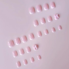 24Pcs French Tip Press on Nails Short Square Fake Nails with Bow Nails Charms Design Cute Artificial Glue on Nails Pink Full Cover Acrylic Nails Coffin False Nails for Women Girls Daily Wear Manicure