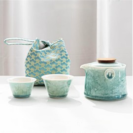 Hermit Life Chinese Travel Tea Set, Portable Ceramic Teapot for One to Two, Gongfu Tea Set with Crystal Glaze (Mint Green), 1 Pot 2 Cups, Gift for Tea Lovers