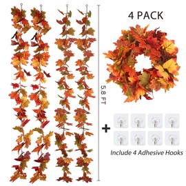 RECUTMS 4 Pcs Artificial Autumn Maple Leaves Garland 5.7Ft/Pieces Fall Garland Hanging Vine Fall Decor for Home Garland Vines Hanging Plants Colorful Christmas Garland Wedding Party