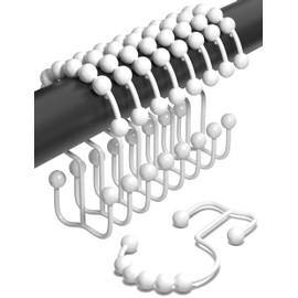 Shower Curtain Hooks Rust Proof (Set of 12) - Stainless Steel Shower Curtain Rings - Anti Slip Roller Balls for Easy Glide (Double Anchor Hooks, White)