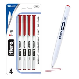 BAZIC Products Fiero Fiber Tip Pen, Fineliner Pens 0.4mm Red Color Extra Fine Point, Writing Drawing for Graphic Office School (4/Pack), 1-Pack
