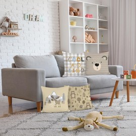 Bonhause Cartoon Animals Cushion Covers 45 x 45 cm Bear Reindeer Forest Khaki Soft Velvet Decorative Throw Pillow Covers for Sofa Bed Home Garden Outdoor Decor Set of 4