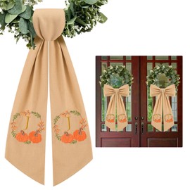 2 Pcs Fall Wreath Sash for Front Door Embroidery Monogram Pumpkin Ribbon Sash for Fall Thansgiving Yard Porch Decor (Letter J)
