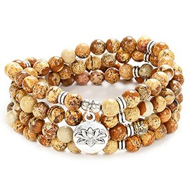 108 Beads Mala Bracelet Necklace with Lotus Charm and 6 mm Small Stone Beads, Stone
