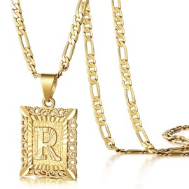 KissYan Initial Letter Pendant Necklace for Men Womens, 14K Gold Plated Square Capital Monogram Necklace Silver Alhpabets from A-Z Figaro Chain Necklace(003R)
