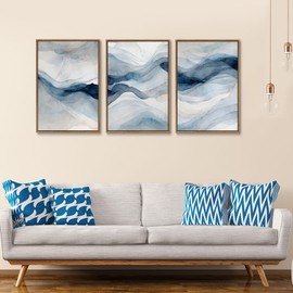 myusuar 3 Piece Large Abstract Framed Wall Art For Living Room, Smoke Texture Ink Navy Blue Canvas Wall Art Modern Minimalist Art Prints Wall Décor For Bedroom Office 16x24in