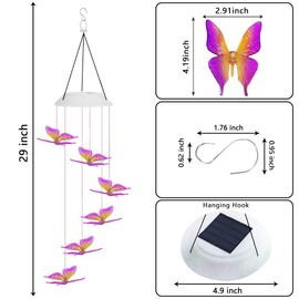 Fohil Solar Butterfly Wind Chimes, Color Changing Solar Wind Chimes for Outside, LED Waterproof Solar Powered Hanging Lights Outdoor Valentine Decorations, Gifts for Women Mom Grandma