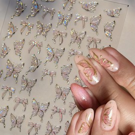 Jremg Butterfly Nail Art Stickers 5D Embossed Jelly Butterflies Bow Design Nail Decals Aurora Light Shell Nail Art Supplies Self-Adhesive Gold Edge Butterfly Nail Design Sliders for Women
