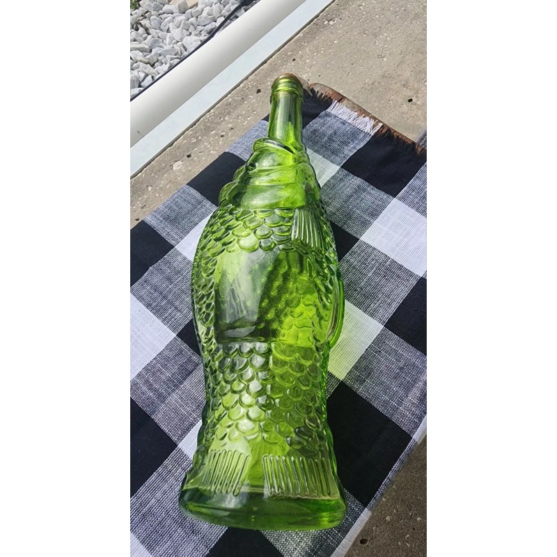 Vintage Decanter Fish Shaped Glass 13" Green Italian Wine Bottle