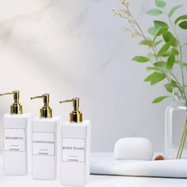 Shampoo and Conditioner Dispenser for Shower, Refillable Shampoo and Conditioner Bottles Body Wash Dispenser with Waterproof Labels, 3PCS 16.9oz Gold White Pump Bottle Soap Dispenser Bathroom