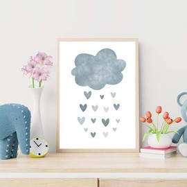 Recrtain Nursery Wall Prints Blue Sunshine Rainbow Cloud Canvas Wall Art, Child Wall Art Poster Boho Nordic Wall Pictures for Boys Baby Kids Room Decor, Set Of 3 Cute Cartoon Prints Boys Room Wall Decor