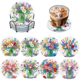DOMROM 8 Pcs Diamond Painting Coasters Kits with Holder, Colorful Flowers Diamond Art Coasters for Adults Beginners 5D DIY Diamond Coasters, Diamond Art Painting Kits Craft Supplies