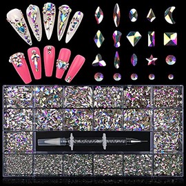 9800Pcs AB Rhinestones for Nails, EBANKU Professional Nail Crystal Rhinestones Kit Mixed Shape Nail Jewels Gems with Rhinestone Picker Dotting Pen for Acrylic Nail Art Decoration