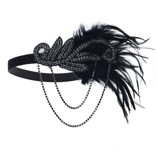 JUSTUSNX Gatsby Feather Crystal Headband, 1920s Flapper Headband Rhinestone Headband