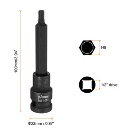 HARFINGTON 2pcs H5 Hex Bit Socket 100mm/3.94" Length 1/2" Square Drive Metric Extension Impact Bit Power Nut Driver Set S2 Steel Socket Ratchet Wrench Bits, Black