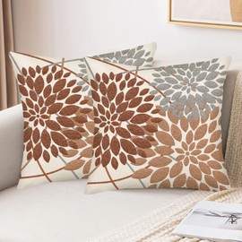 Smilyard Burnt Orange Grey Pillow Covers 18x18 Inch Set of 2 Dahlia Floral Decor Throw Pillows Fall Modern Geometry Flower Outdoor Decorative Cushion Cases for Sofa Couch Bed Decorations