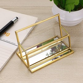 BTSKY Glass Business Card Holder Stand - Vintage Gold Metal Frame Name Card Display Stand Business Card Organizer for Office Desktop Countertop Tabletop