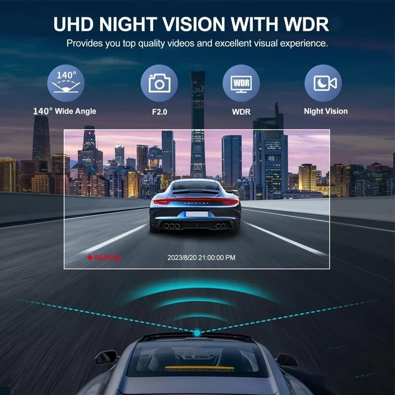 3-Channel Car Dash Cam Wifi 1080p FHD 140° Wide Angle