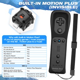 2 Pack FISUPER Remote Controller with Motion Plus for Wii/WII U, 2 in 1 Remote with Nunchuck Controller Compatible with Wii Wii U Console (Black)