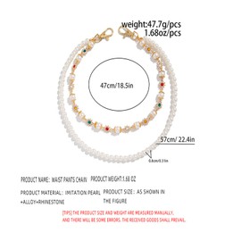 Hip Hop Double Layer Pearl Flower Pants Chain for Men Women Wallet Chain Layered Pocket Chains Exquisite CZ Waist Chain for Men Street Jeans Jewelry Accessories (Gold)