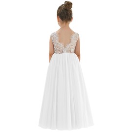2Bunnies Girl Peony Lace Back A-Line Straight Tutu Tulle Party Flower Girl Dress (White Sleeveless Maxi, 12/14)