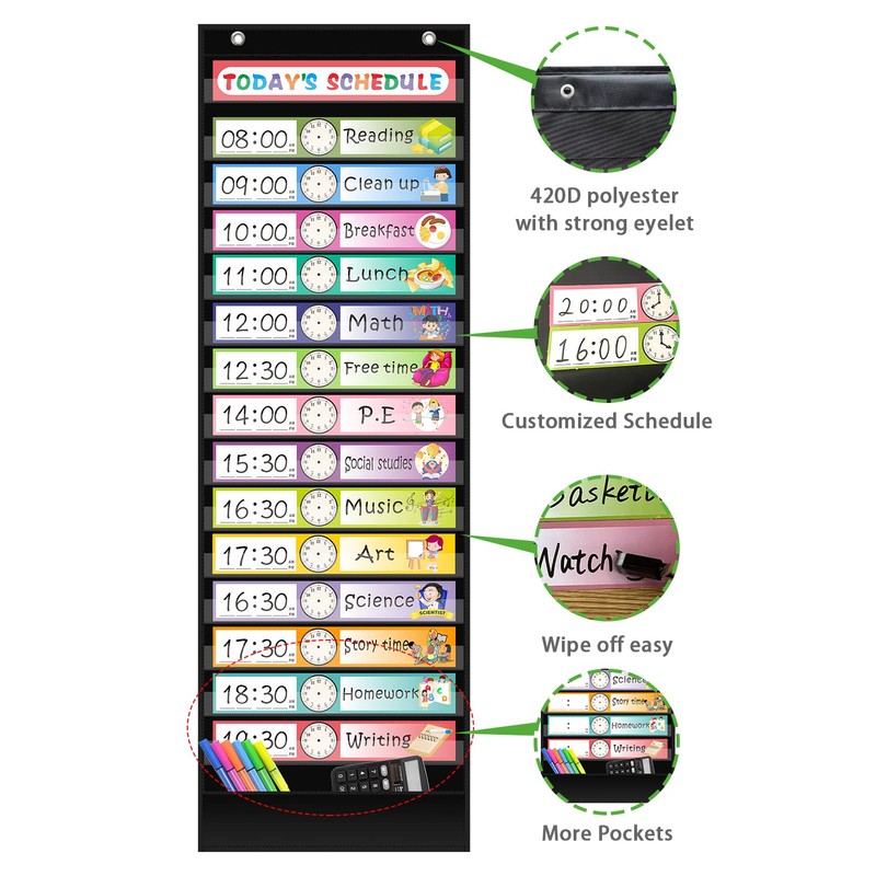 REGELETO 15+1 Pockets Daily Schedule Pocket Chart with 30 Pcs
