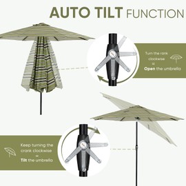 Tempera 9ft Patio Market Outdoor Table Umbrella with Auto Tilt and Crank, Large Sun Umbrella with Sturdy Pole & Fade Resistant Canopy, Easy to Set, Grass Stripe
