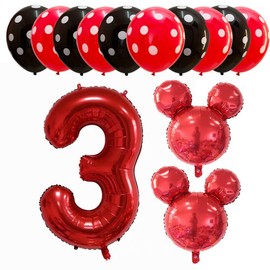 Hongkai Red Mouse 3rd Birthday Girl Decoration Foil Balloons Set 32" Red Number 3 Mylar balloons Baby Three Year old Birthday Kids Happy Birthday Party Supplies