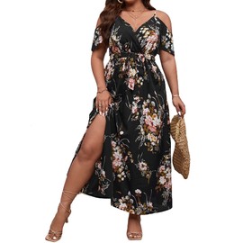 Floerns Women's Plus Size Cold Shoulder Short Sleeve Split Thigh Long Dress Black Flower