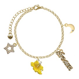 Delight Jewelry Silvertone Yellow Hibiscus Flower - Goldtone Dream Big Charm Bracelet, 7.5+2" Extender