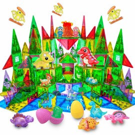 SKTMYY Magnetic Tiles Dinosaur Toys Set with Dinosaur Forest Theme, Including Dinosaur Magnetic Toys & Eggs, Plants, Volcano – Building Toys for Kids Ages 4-8, STEM Toys for 3+ Year Old Boys & Girls