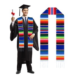 Bufanda mexicana Serape colorida, estola de graduación latina Serape, bufanda para graduación y hombres, 84.6 x 5 pulgadas, Azul Real, Mediano