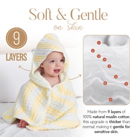 HardNok - Toallas de baño para bebé con capucha, 9 capas de algodón de muselina natural, 32 x 32 pulgadas, suave y cómoda toalla de muselina para recién nacidos, niños, niñas (rayas amarillas)..