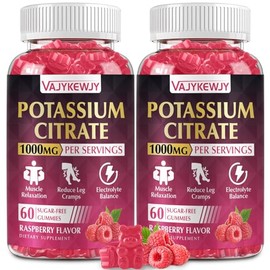 VAJYKEWJY 2 Pack Potassium Citrate Gummies, High Potassium Supplement (1000mg), Supports Leg Cramps & Muscle Health, Suitable for Adults & Kids, Vegan, Non-GMO, 120-Count