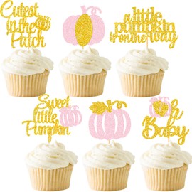 Pink Little Pumpkin Baby Shower Cupcake Toppers Fall Party Decoration Glitter Autumn Patch Food Picks Gender Reveal Ideas