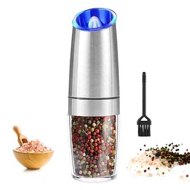 Upgraded Version Electric Pepper Mill, Stainless Steel, Electric Mill, Luminous Pepper Mill, Salt Pepper, Spices, Salt and Rock, Gravity Sensor, Tilt to Grind, Stainless Steel Polishing (Silver)