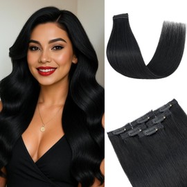 tesshair Clip in Hair Extensions Real Human Hair Remy Single Clip Double Weft 6 Pcs Seamless Highlight Straight Human Hair Clip in Extensions for Women #01 Jet Black - 14 Inch