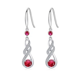 LOCIBLO July Birthstone Dangle Earrings for Women 925 Sterling Silver White Gold Infinity Pendant Red Synthetic Ruby Jewelry for Her