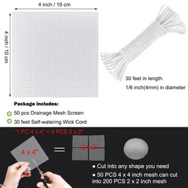 ORIMERC 50 Pcs 4 x 4 inch Plant Pot Drainage Hole Mesh Pad Screen with 30 feet Self Watering Hydroponic Wick Cord DIY Vacation Automatic Waterer Sitter Potted Bonsai Succulent Flower Bottom Grid Mat