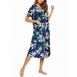 Ekouaer Womens Snap Front Dusters Cotton Housecoat Short Sleeve Nightgown House Dress With Pockets Blue Floral XL