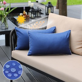 JOJOGOGO Blue Outdoor Waterproof Sun Fade Resistant Lumbar Pillow Covers 12x20 Set of 2, Navy Outdoor Lumbar Pillows Cushion Covers 12 x 20 for Patio Furniture Hammock (with White Piping)