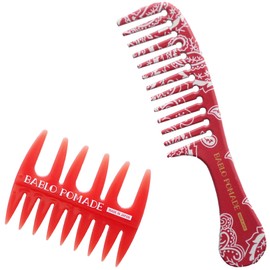 Bablo Pomade Grooming Jumbo Comb (Red Bandana Paisley Pattern) & Mesh Comb (Red) Set, Coarse Comb, BARBER Barber