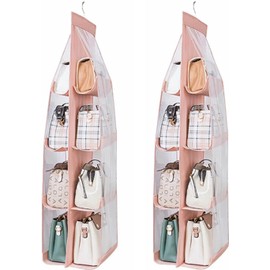 Sagreeny 2 Pack Hanging Purse Organizer, Thickened Oxford Cloth+PVC, 8 Grid, Pink