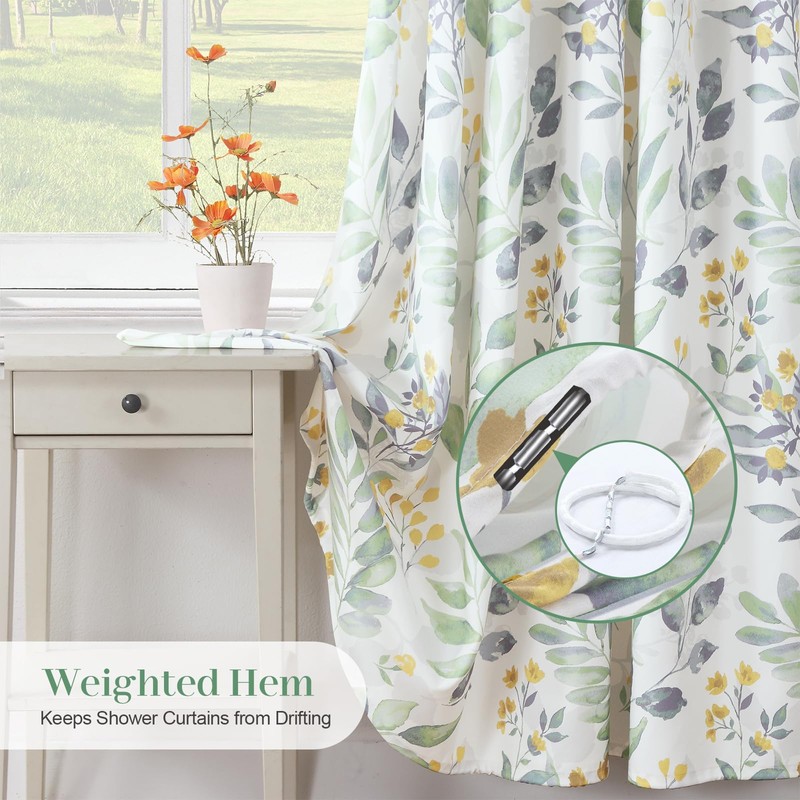 DS BATH Sage Fabric Shower Curtain, Boho Green Yellow Floral