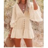 Womens Lace Crochet Romper Dress, V Neck, Batwing Sleeve, Buttons,