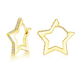 Cangall Silver Hoop Earrings for Women Girls, Sterling Silver Star Hoop Earrings with White Zircon, Sweet Love Pentagram-Shape Earrings Gold, Hypoallergenic Cute Cartilage Sleeper Silver Earrings