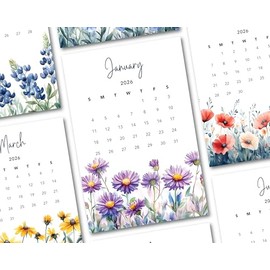 2026 Monthly Office Desk Calendar - Wildflowers - Watercolor Style - Annual 12 Month - 4” x 6” Cards – Calendar Card Refill
