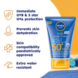 Nivea Sun NIVEA SUN Kids Protect and Care SPF 50+ To Go Lotion (50 ml), wasserfester Sonnenschutz, Sonnencreme für Kinder bietet hochwirksamen UVB- und 5-Sterne-UVA-Schutz