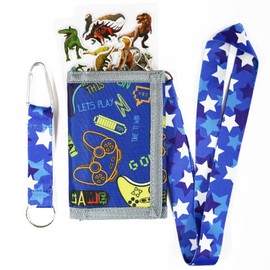 JONYEE Kids Wallet for Boys Girls 5-16, Boys Trifold Wallet with Lanyard and Zipper Coin Pocket for Kids Toddler Children, Novelty Sports Wallet with Stickers and Card Holder -Blue Gamepad